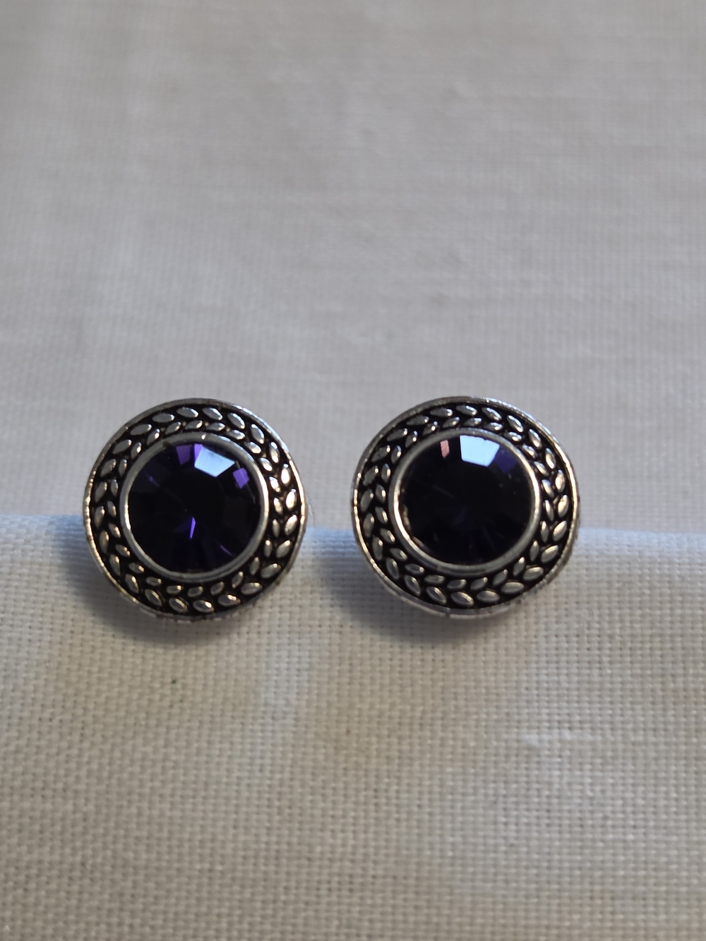 Vtg Napier Silver-Tone Purple Button Post Earrings